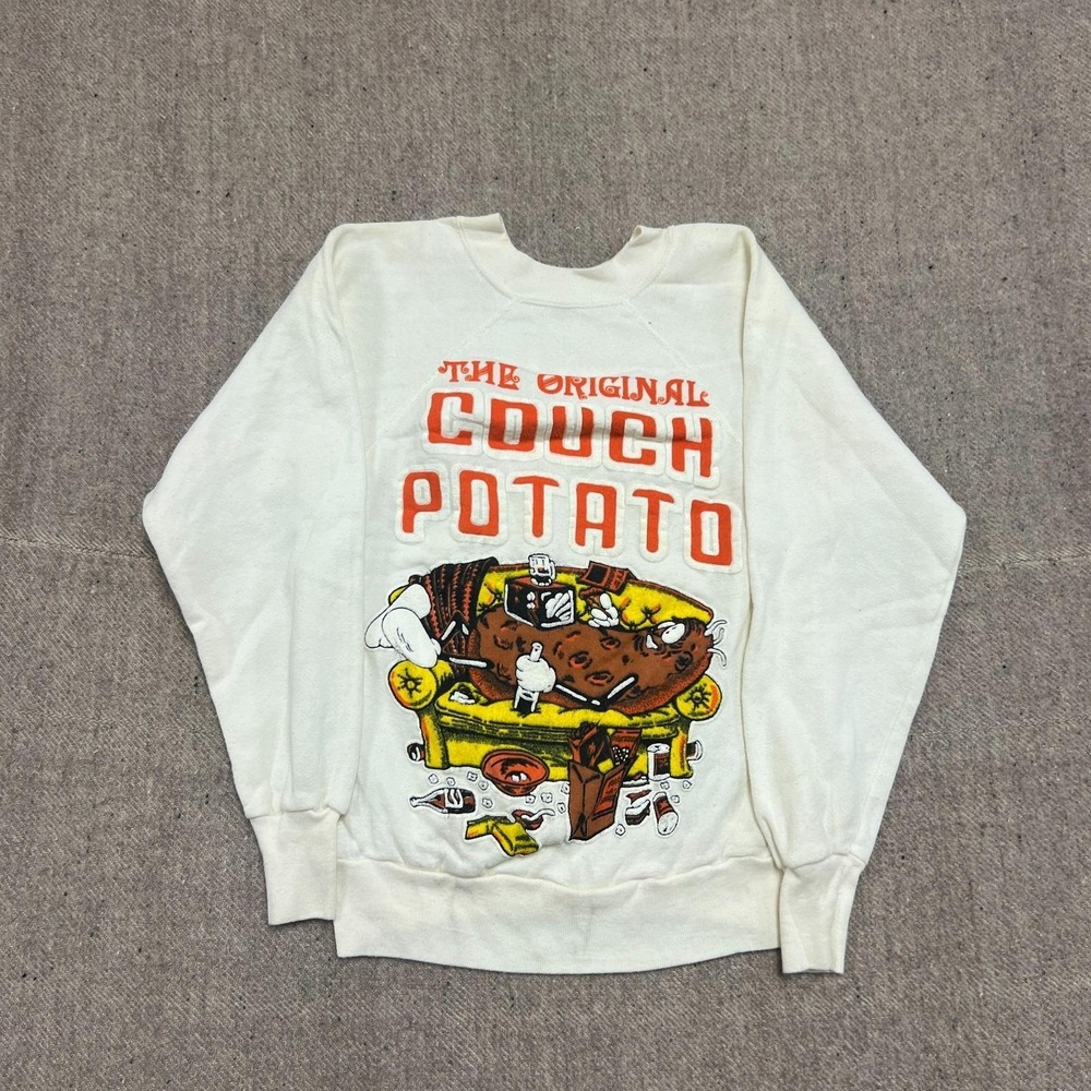 Vintage Couch Potato Sweatshirt Mens Small White 1980s